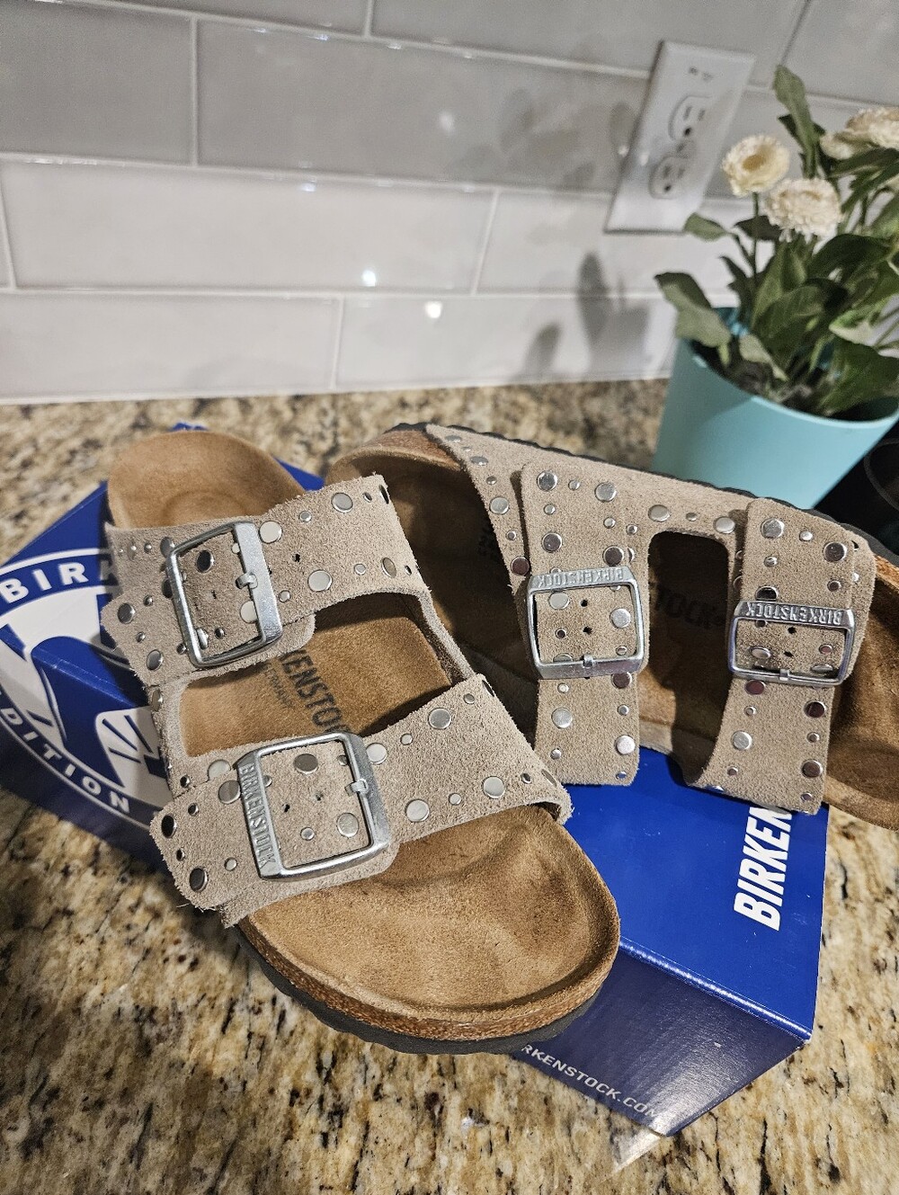 Birkenstock Taupe Studded Suede Arizona Sandals, Size:37/ US 7 - Picture 6 of 8